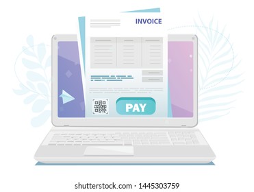 Online digital invoice laptop or notebook with bills, flat design illustration.