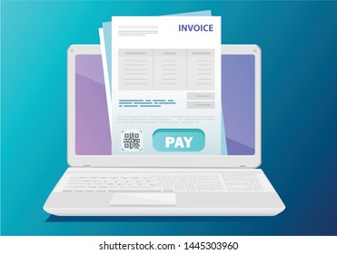 Online digital invoice laptop or notebook with bills, flat design illustration.