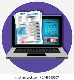 Online digital invoice laptop or notebook with bills, flat design illustration. 
