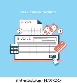 Online digital invoice laptop or notebook with bills,calculator and credit card, flat design illustration