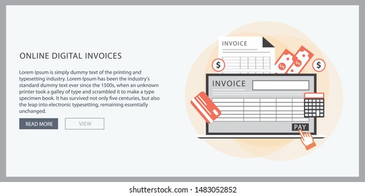 Online digital invoice laptop or notebook with bills, flat design illustration