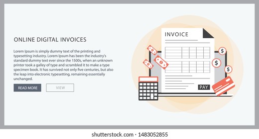 Online digital invoice laptop or notebook with bills, flat design illustration