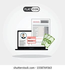 Portátil de factura digital en línea o portátil con facturas, dinero, ilustración de diseño plano