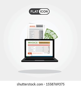 Online digital invoice laptop or notebook with bills, money, flat design illustration