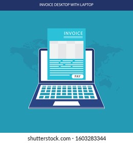 Online digital invoice laptop or notebook with bills, flat design