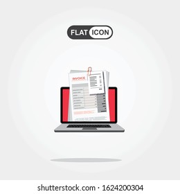 Online digital invoice laptop or notebook with bills, flat design illustration.