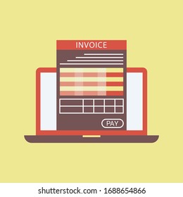 Online digital invoice laptop or notebook with bills, flat design illustration