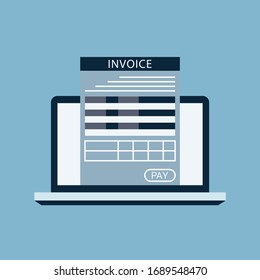 Online digital invoice laptop or notebook with bills, flat design