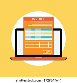 Online digital invoice laptop or notebook with bills, flat design illustration