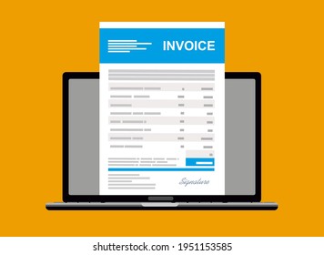 Online digital invoice laptop or notebook with bills, flat design illustration.