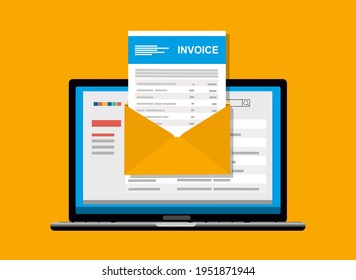 Online digital invoice laptop or notebook with bills, flat design illustration.