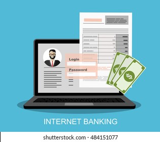 Portátil de factura digital en línea o portátil con facturas, dinero, ilustración de diseño plano