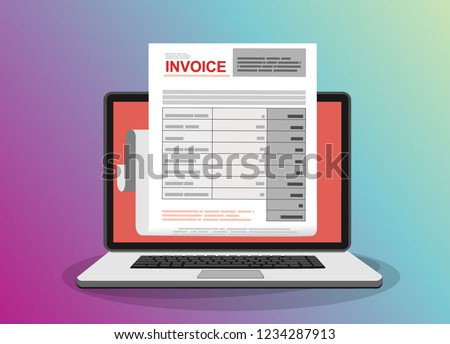 Online digital invoice laptop or notebook with bills, flat design illustration.