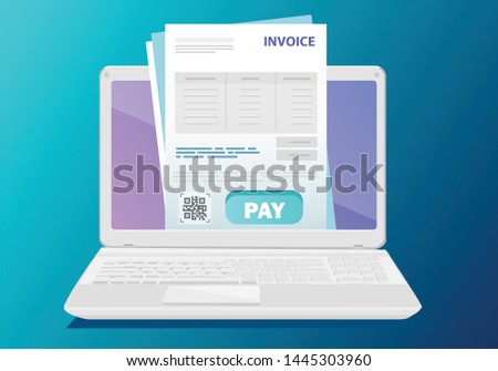Online digital invoice laptop or notebook with bills, flat design illustration.