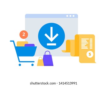 Online digital invoice. Mobile app with invoice bill paper and shopping cart. Receipt in application. Concept of online payment, finance, tax. Vector illustration flat style 