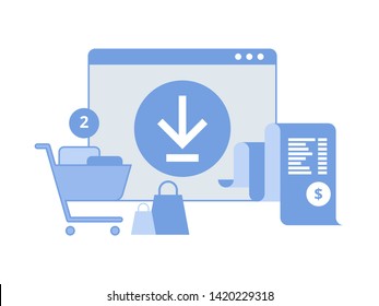 Online digital invoice. Mobile app with invoice bill paper and shopping cart. Receipt in application. Concept of online payment, finance, tax. Vector illustration flat style 