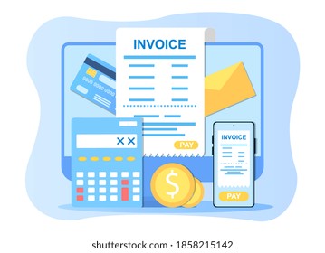 Online digital invoice for digital payment. Concept of modern wireless payment system for business and people working with finances. Flat vector illustration