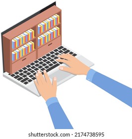 Online digital library, business course. E-book, audiobook, distance education concept laptop with bookcase, literature app. Bookshelves with pile of books on smartphone screen isolated on white