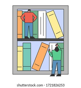 Concepto de biblioteca digital en línea. Hombre Y Mujer Eligiendo Los Libros Necesarios Para Leer En Línea. Caracteres Dentro De Una Comprimido Enorme Con Pilas De Libros. Ilustración de vectores planos de contorno lineal de caricatura