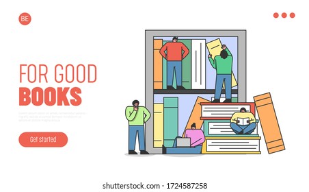 Online Digital Library Concept. Website Landing Page. People Use Mobile Application To Read Books. Internet Bookstore, Remote Classes. Web Page Cartoon Linear Outline Flat Style. Vector Illustration