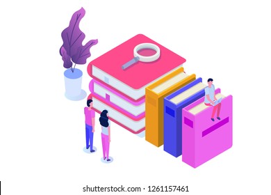 Online digital library isometric, online book shop, e-learning, eBook. Vector illustration.
