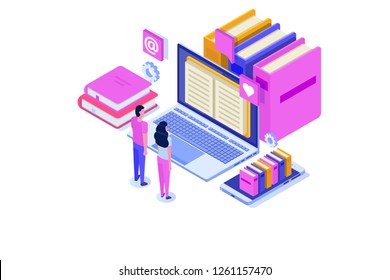 Online digital library isometric, online book shop, e-learning, eBook. Vector illustration.