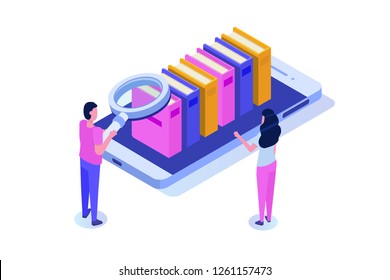 Online digital library isometric, online book shop, e-learning, eBook. Vector illustration.