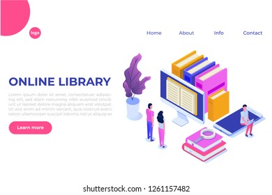 Online digital library isometric, online book shop, e-learning, eBook. Vector illustration.