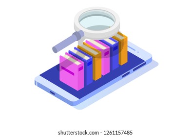 Online digital library isometric, online book shop, e-learning, eBook. Vector illustration.