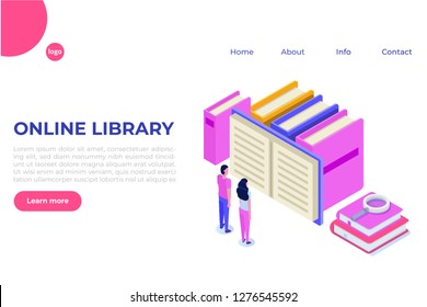 Online digital library isometric, online book shop, e-learning, eBook. Vector illustration.