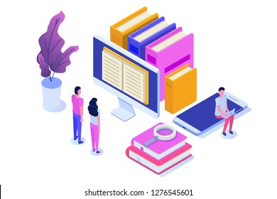 Online digital library isometric, online book shop, e-learning, eBook. Vector illustration.