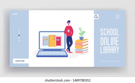 Online digital library landing page concept of people character reading books from Big laptop. Media library website template, ebook to study on e-library, web page illustration design. Vector
