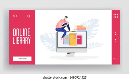 Online digital library landing page concept of people character reading books from reader, computer. Media library website template, ebook to study on e-library, web page illustration design. Vector

