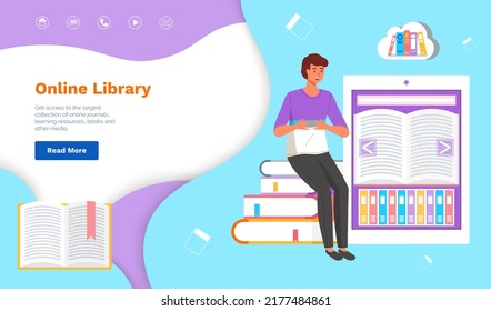 Online digital library landing page template. E-book, audiobook, distance education concept male student with literature app, bookshelves with books on smartphone screen, selfeducation with internet
