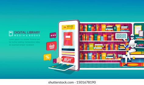 Online Digital Library Shopping Concept With A Colorful Vector Design,showing A Card Machine And Purchase Icons Backing Onto A Shop With Stocked Shelves And Cartoon Assistant Over Blue With Copy Space