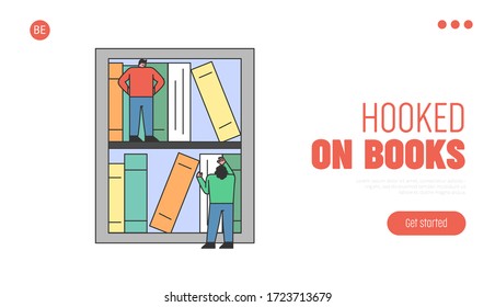 Online Digital Library Website Landing Page. Man And Woman Choosing Necessary Books For Reading Online. Characters Standing Near Huge Tablet. Web Page Cartoon Linear Outline Flat Vector Illustration