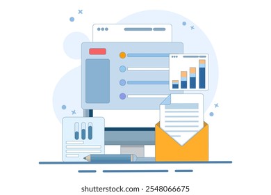 Conteúdo de mídia de email digital online. Comentários sobre o site da rede do serviço de email. Informações sobre eventos, atividades, informações sobre a empresa e anúncios. Correspondência da mensagem de email.	
