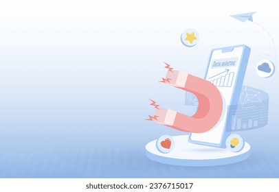 Online digital marketing and advertising concept. Social media campaigns, data analysis, creative content, search engine optimization, competition and opportunity. Flat vector illustration copy space
