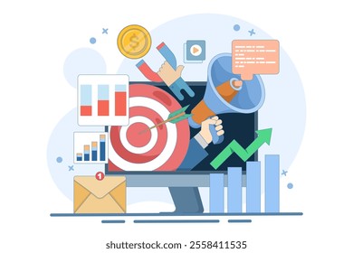 Online digital marketing concept, Online advertising and promotion campaign in mobile applications, advertising content in social networks. Flat design vector landing page website illustration.