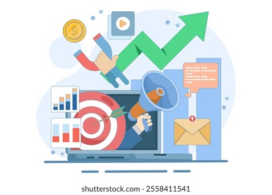 Online digital marketing concept, Online advertising and promotion campaign in mobile applications, advertising content in social networks. Flat design vector landing page website illustration.