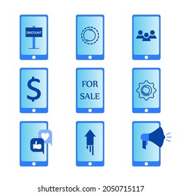 The online digital marketing icon sets a vector illustration. Contains icons such as Strategy, Shopping online, gear, discounts, e-commerce, target groups and more.