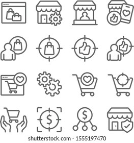 Online digital marketing icons set vector illustration. Contains such icon as Strategy, Shopping online, e-commerce, Target group and more. Expanded Stroke