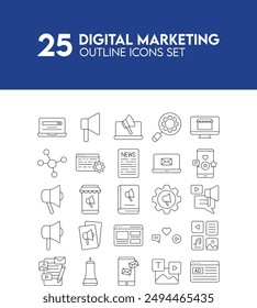 Iconos de esquema de marketing digital en línea: 
25 iconos de esquema de alta calidad perfectos para SEO, redes sociales, análisis y creación de contenido. Ideal para proyectos digitales e impresos.