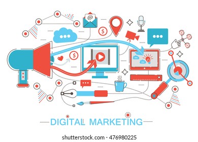 Online Digital Marketing and social network media branding strategy Media color flat line Concept for Business cards, websites, Presentations, Flyers and Posters