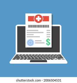 online digital medical bill or invoice on laptop display, flat vector illustration