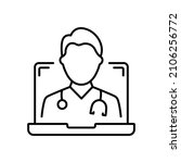 Online Digital Medicine Line Icon. Doctor in Computer Medical Health Care Online Linear Pictogram. Virtual Medicine Service Outline Icon. Telemedicine. Editable Stroke. Isolated Vector Illustration.