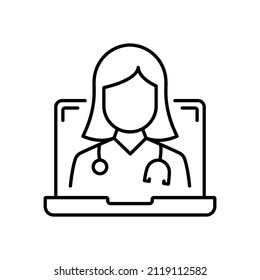 Online Digital Medicine Line Icon. Doctor in Computer Medical Health Care Online Linear Pictogram. Virtual Medicine Service Outline Icon. Telemedicine. Editable Stroke. Isolated Vector Illustration.