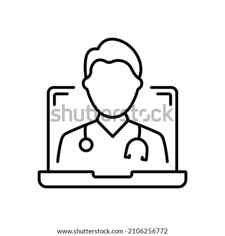 Online Digital Medicine Line Icon. Doctor in Computer Medical Health Care Online Linear Pictogram. Virtual Medicine Service Outline Icon. Telemedicine. Editable Stroke. Isolated Vector Illustration.