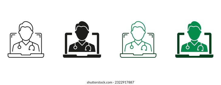 Online Digital Medicine Line and Silhouette Icon Set. Telemedicine, Virtual Medicine Service Sign. Doctor in Computer, Online Medical Healthcare Pictogram Collection. Isolated Vector Illustration.