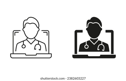 Online Digital Medicine Line and Silhouette Icon Set. Telemedicine, Virtual Medicine Service Sign. Doctor in Computer, Online Medical Healthcare Pictogram Collection. Isolated Vector Illustration.